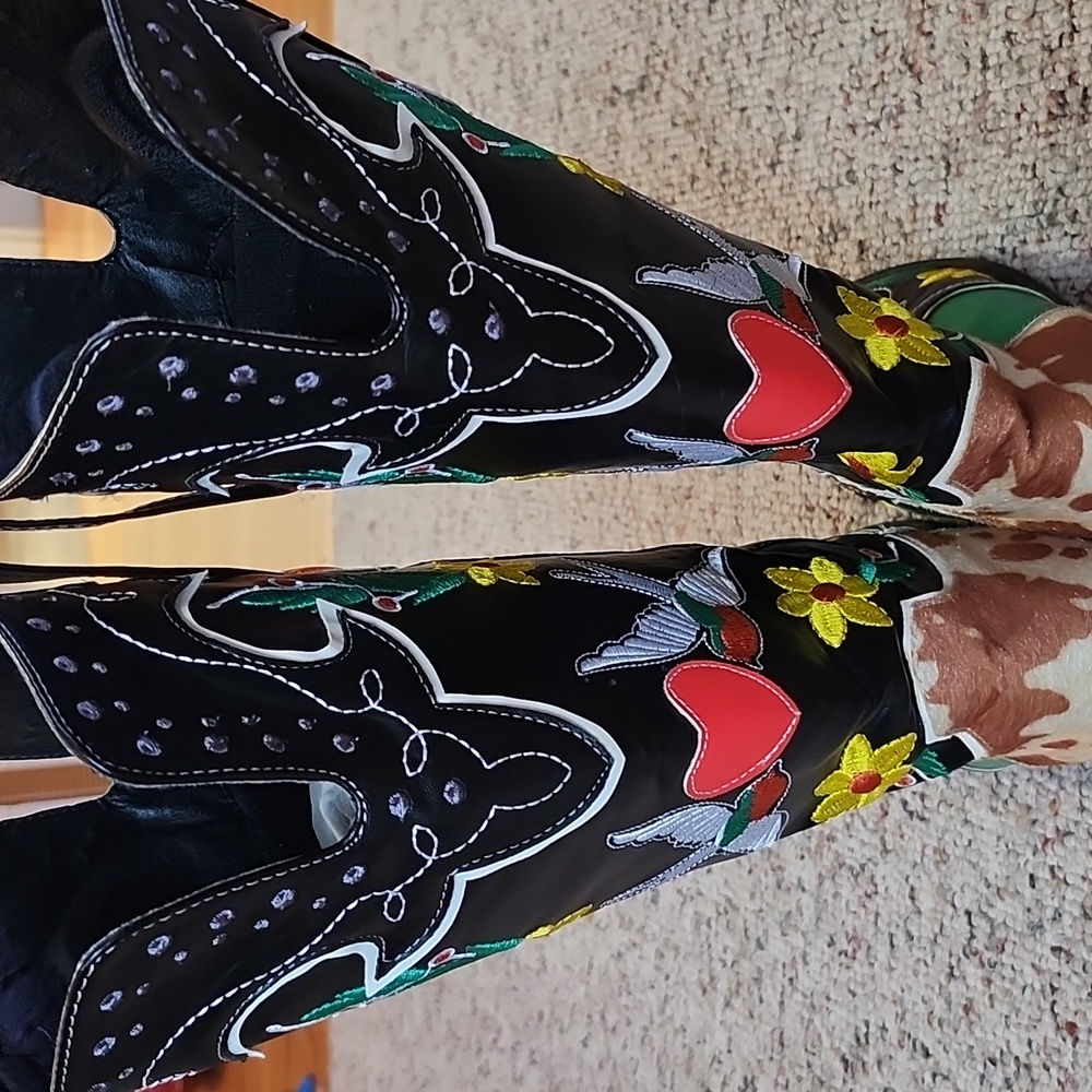 Embroidered Faux Leather Pull On Knee High Cowboy Style Boots. - Picture 7 of 11
